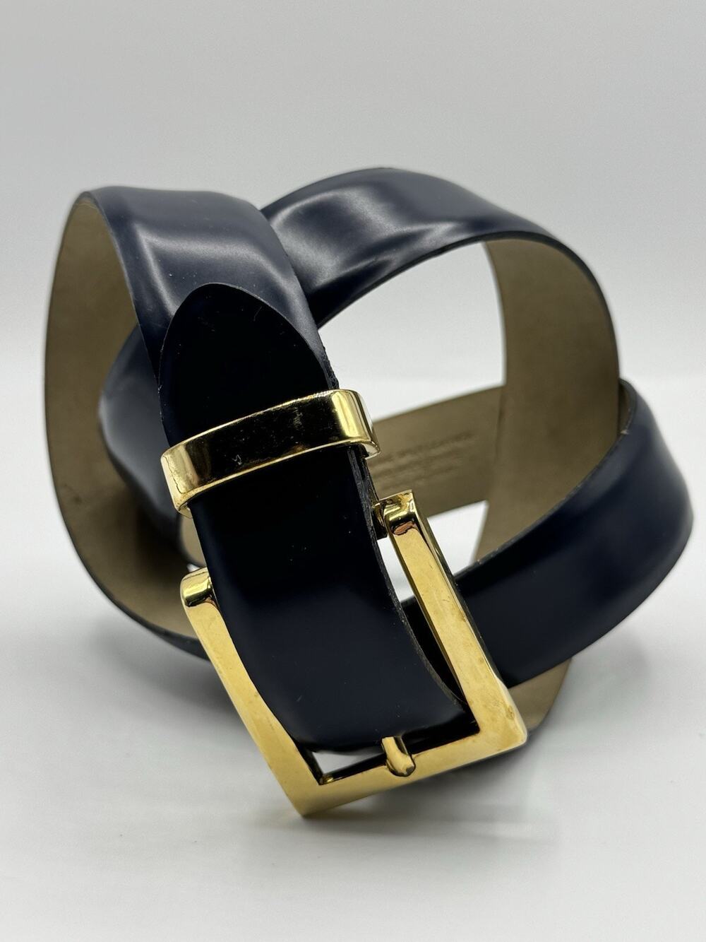 Charter Club Womens Navy Blue Genuine Leather Belt Gold Square Buckle Size Large